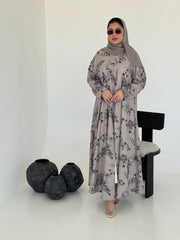 FAB223- Light Beige Printed Floral A-Cut Abaya