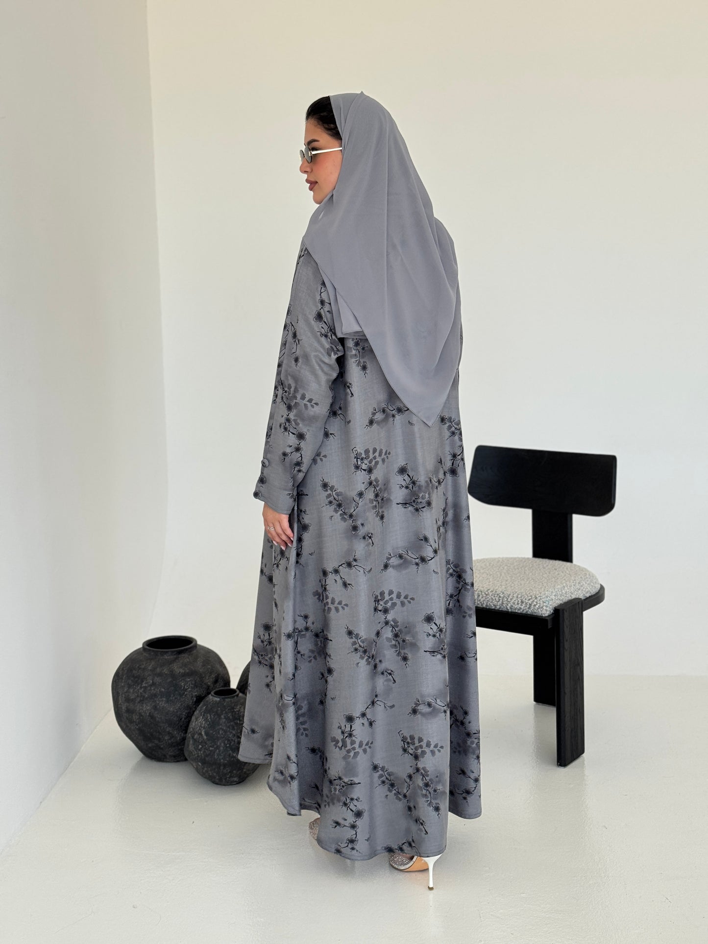 FAB222- Grey Printed Floral A-Cut Abaya