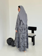FAB222- Grey Printed Floral A-Cut Abaya