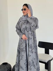FAB222- Grey Printed Floral A-Cut Abaya