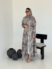 FAB223- Light Beige Printed Floral A-Cut Abaya