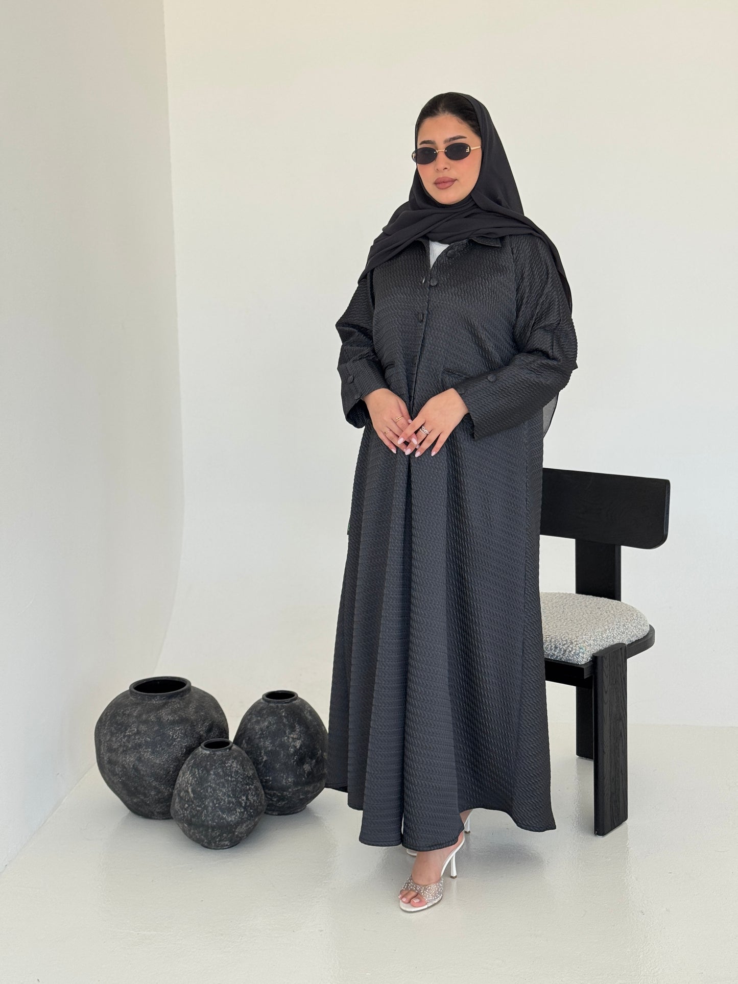 FAB227-Grey Textured Classic Jacquard Abaya with headscarf