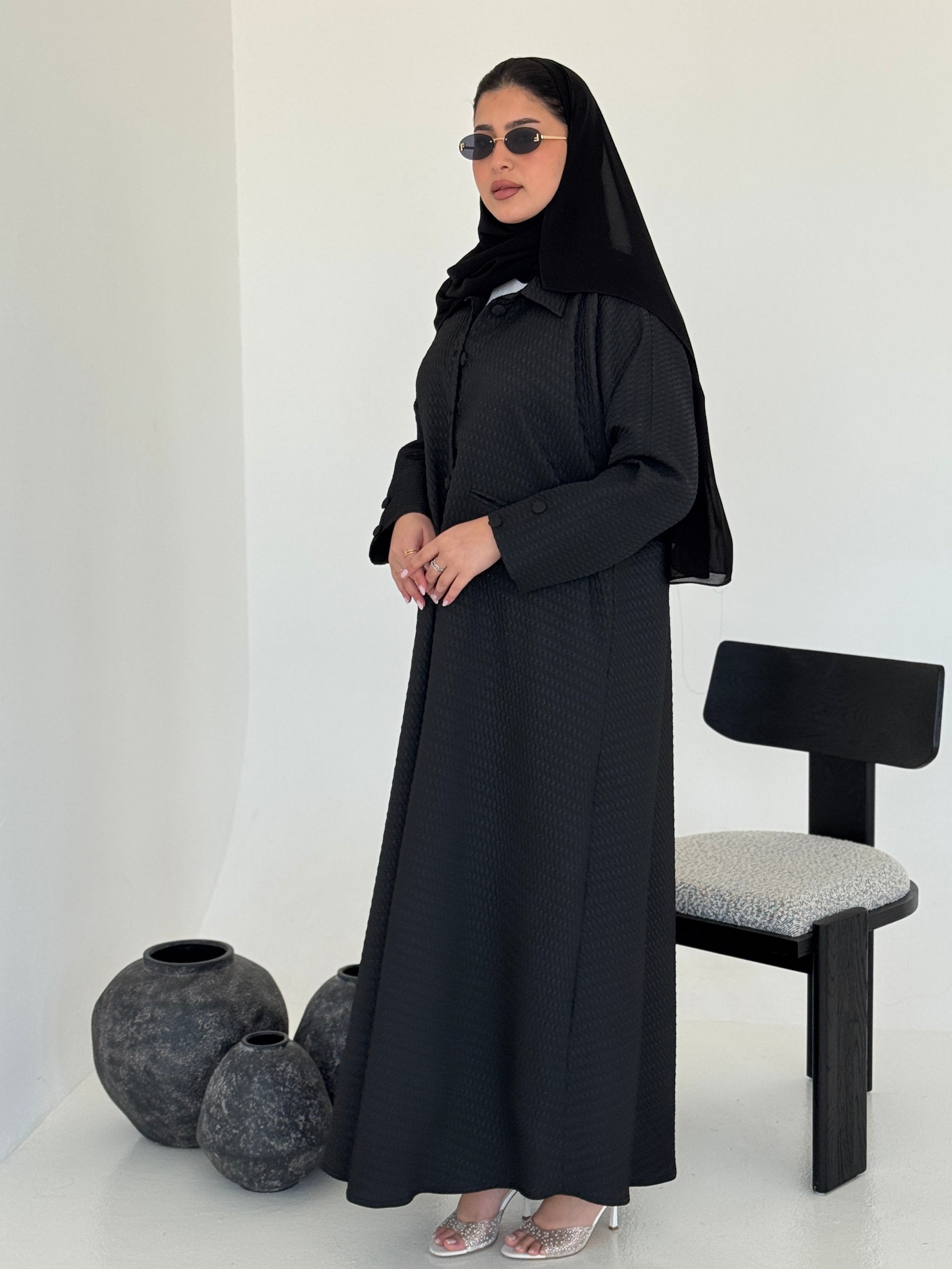 FAB226-Black Textured Classic Jacquard Abaya with headscarf