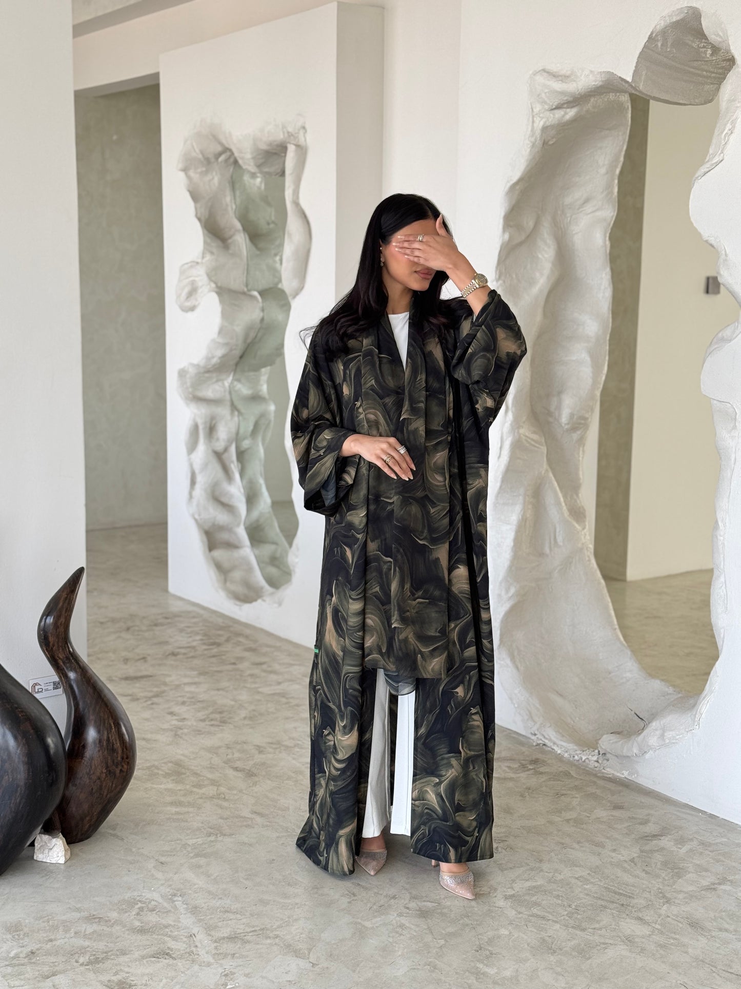 READY TO SHIP- FAB172- Green Pattern Crepe Summer Abaya with matching headscarf