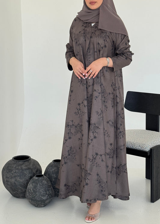 FAB224- Brown Printed Floral A-Cut Abaya