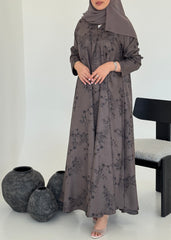 FAB224- Brown Printed Floral A-Cut Abaya
