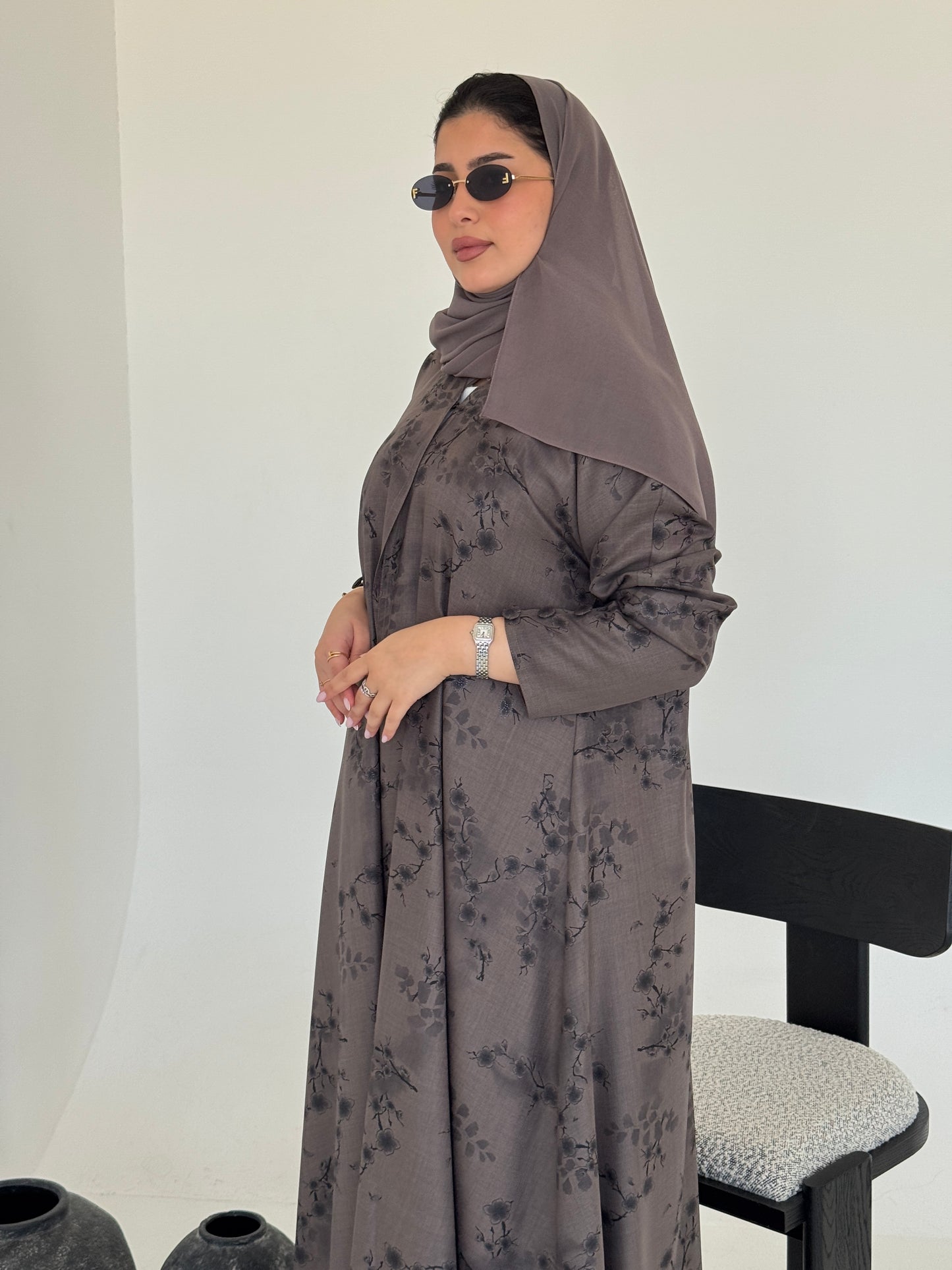 FAB224- Brown Printed Floral A-Cut Abaya