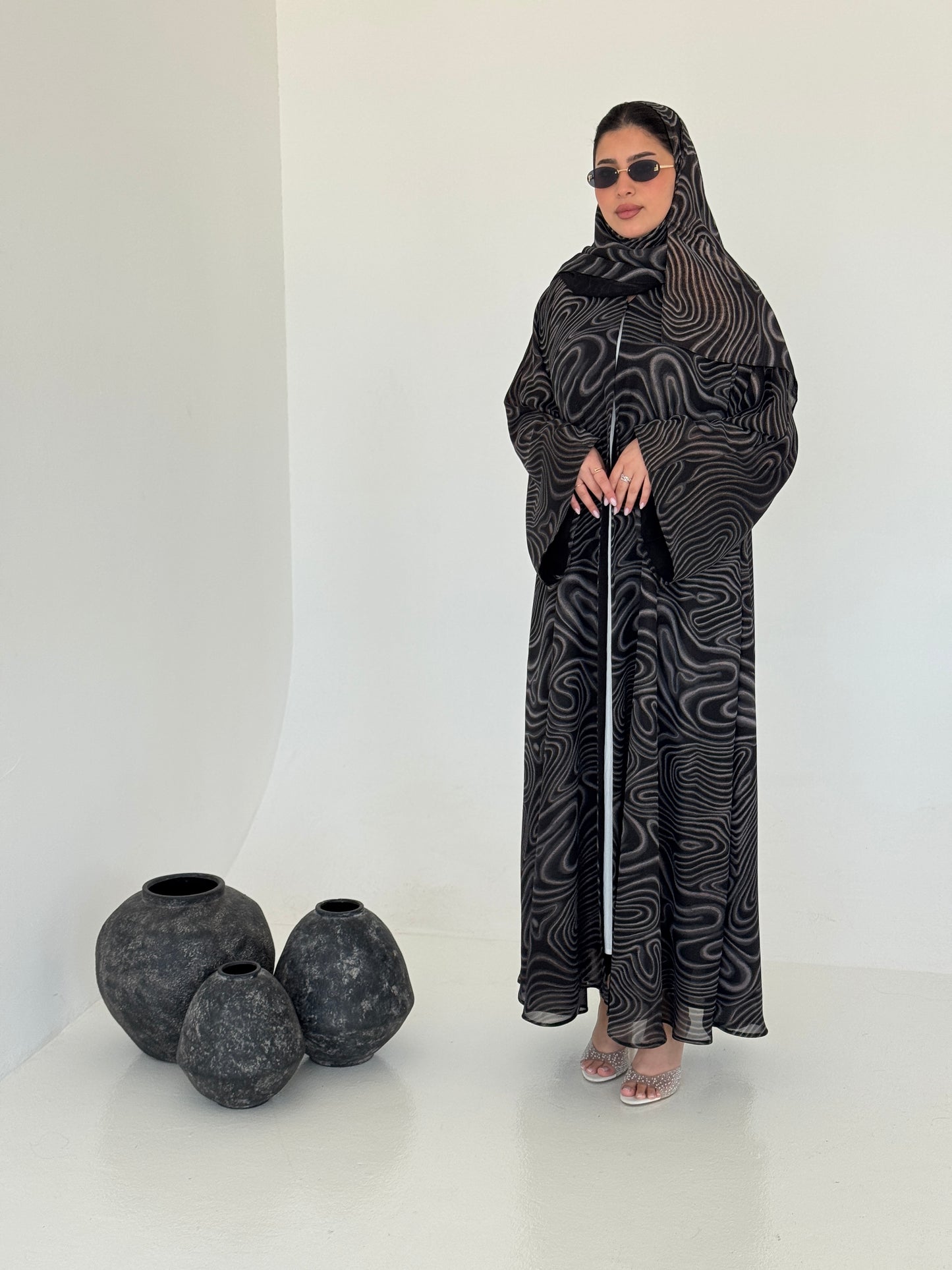 FAB221- Black Swirl with Gold Shimmer Chiffon Abaya Set