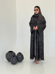 FAB221- Black Swirl with Gold Shimmer Chiffon Abaya Set