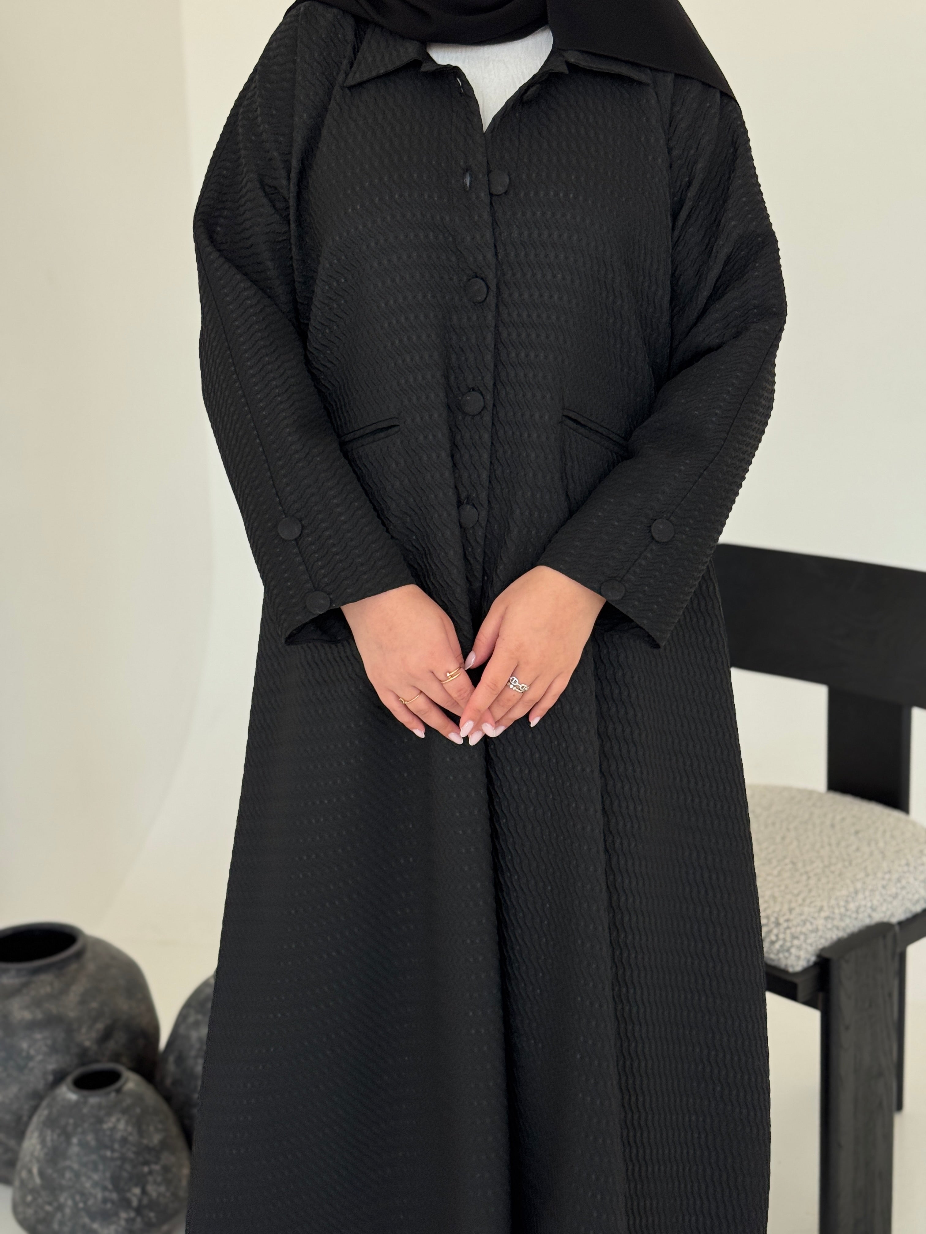 FAB226-Black Textured Classic Jacquard Abaya with headscarf