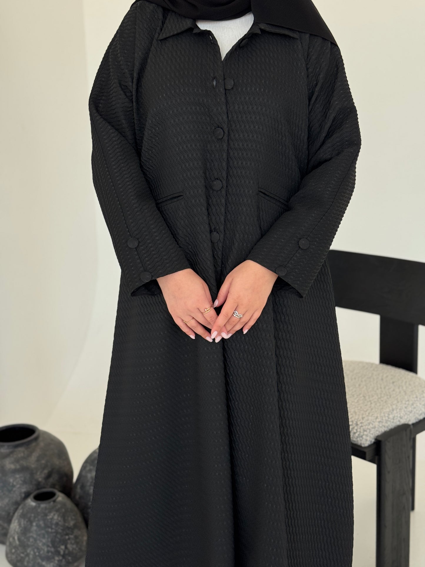 FAB226-Black Textured Classic Jacquard Abaya with headscarf