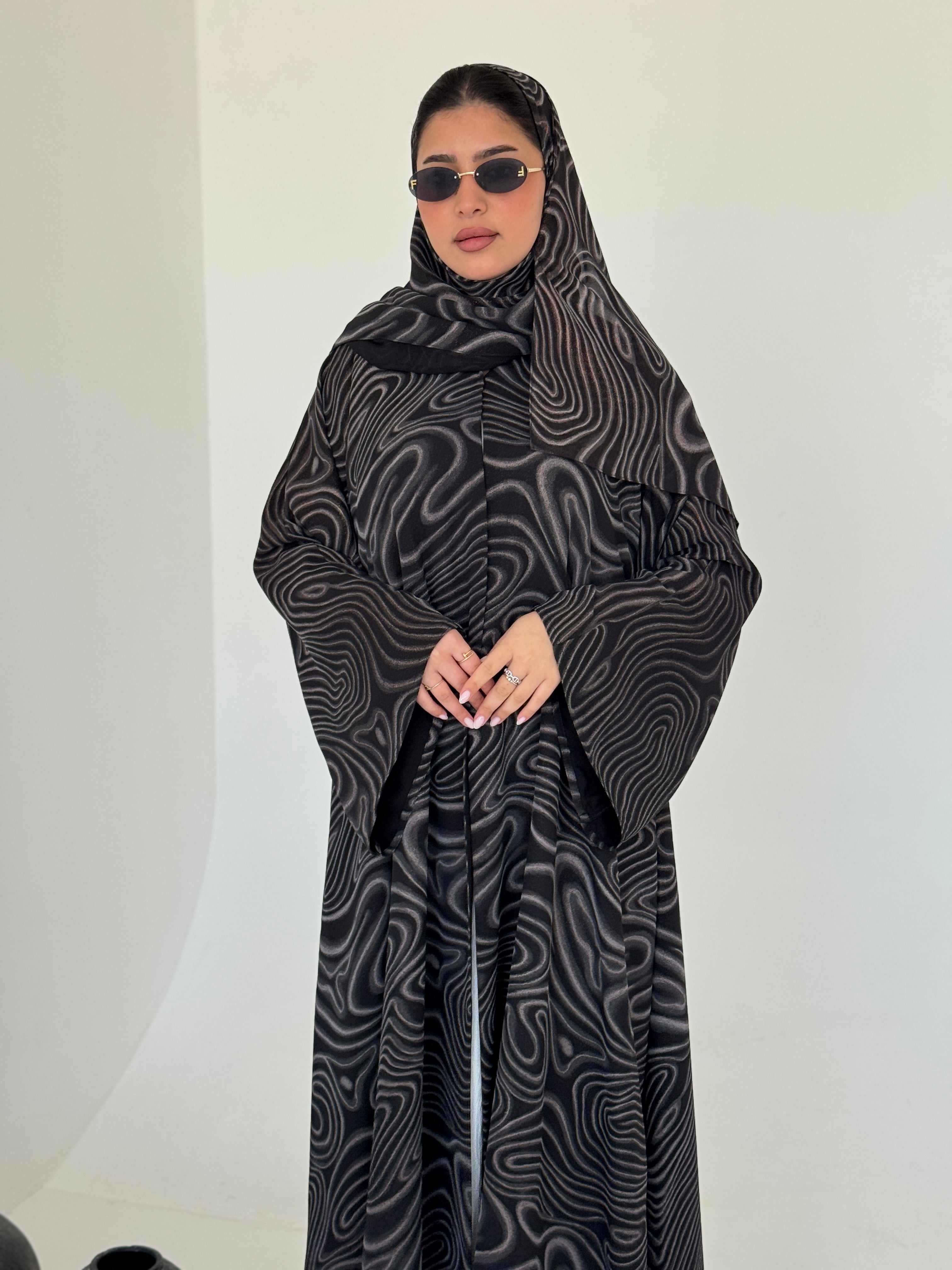 FAB221- Black Swirl with Gold Shimmer Chiffon Abaya Set