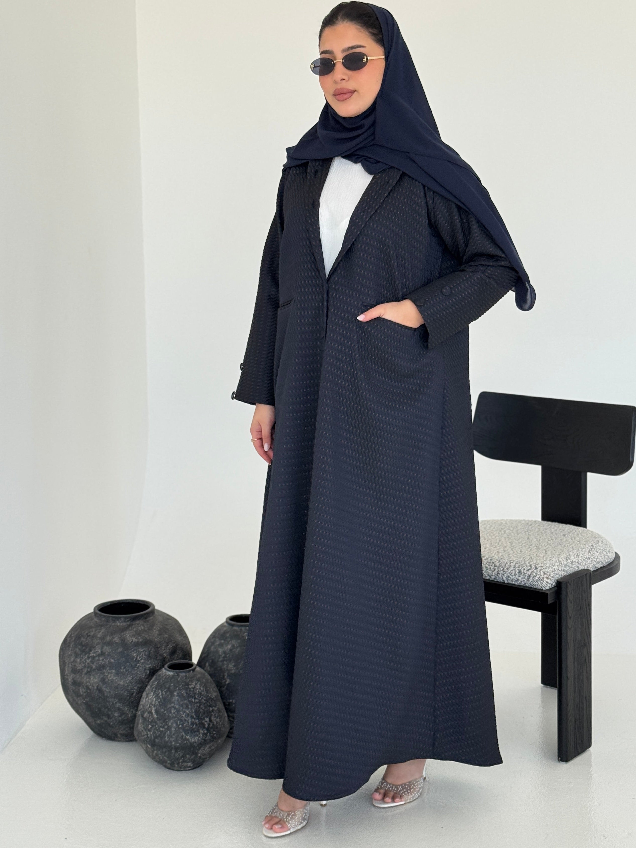 FAB228-Navy Blue Textured Classic Jacquard Abaya with headscarf