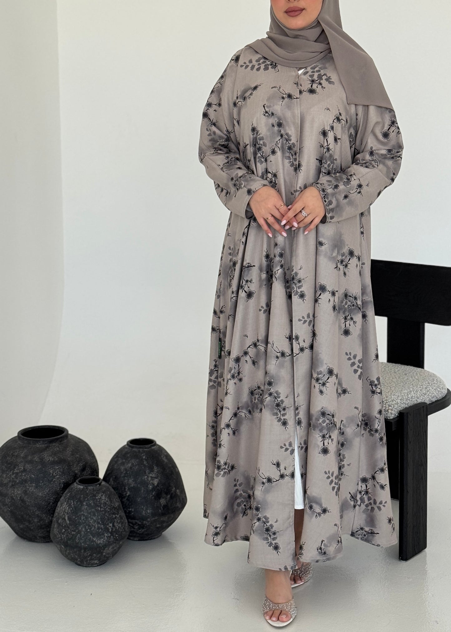 FAB223- Light Beige Printed Floral A-Cut Abaya