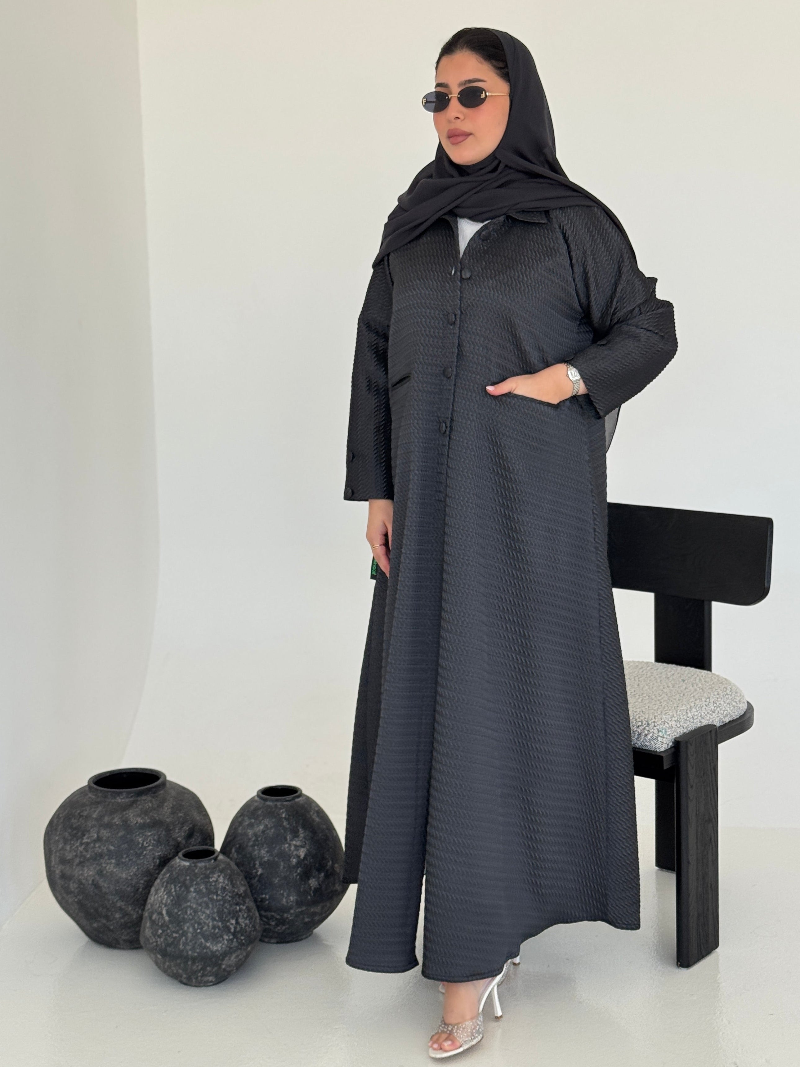 FAB227-Grey Textured Classic Jacquard Abaya with headscarf