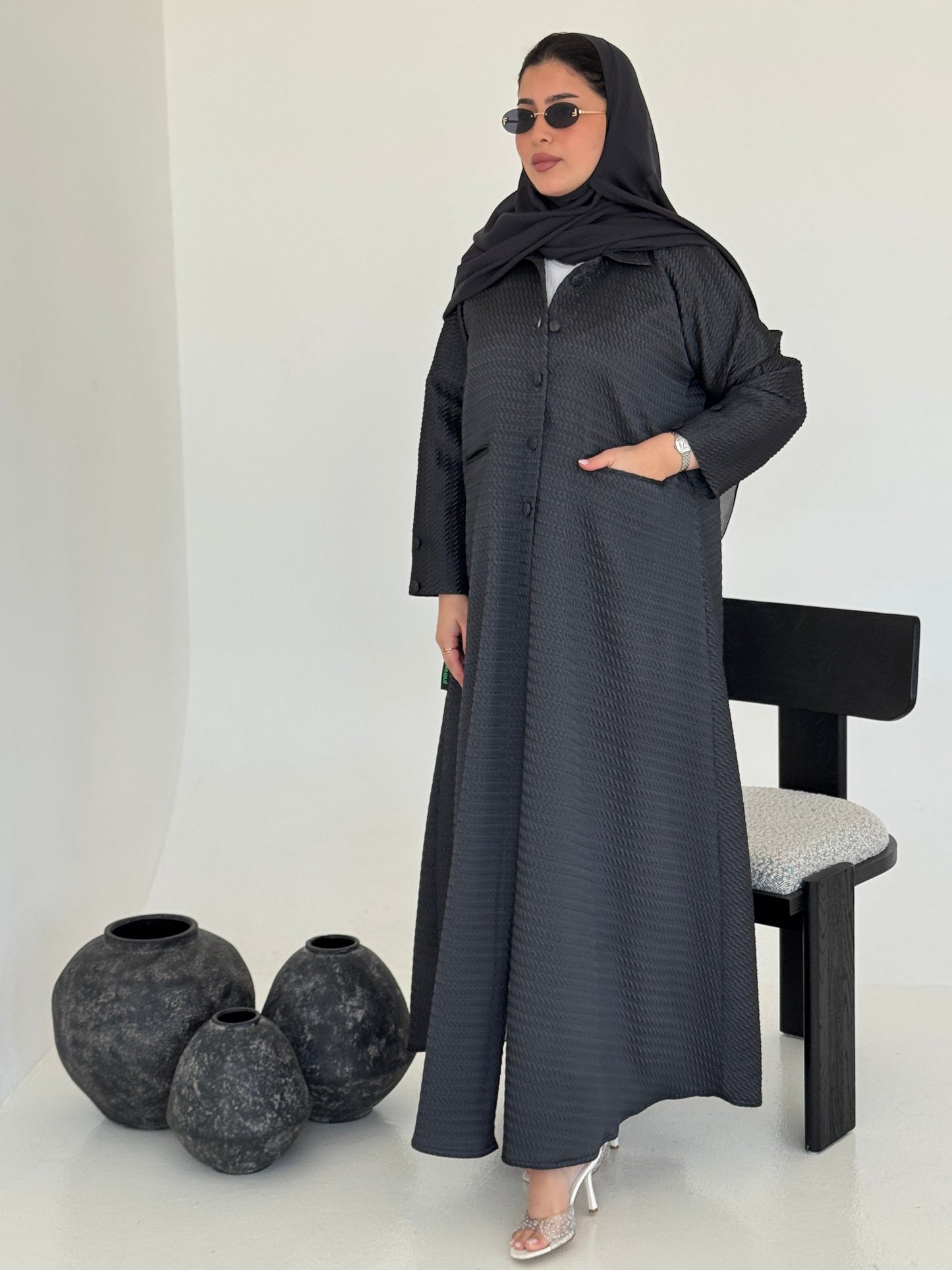 FAB227-Grey Textured Classic Jacquard Abaya with headscarf
