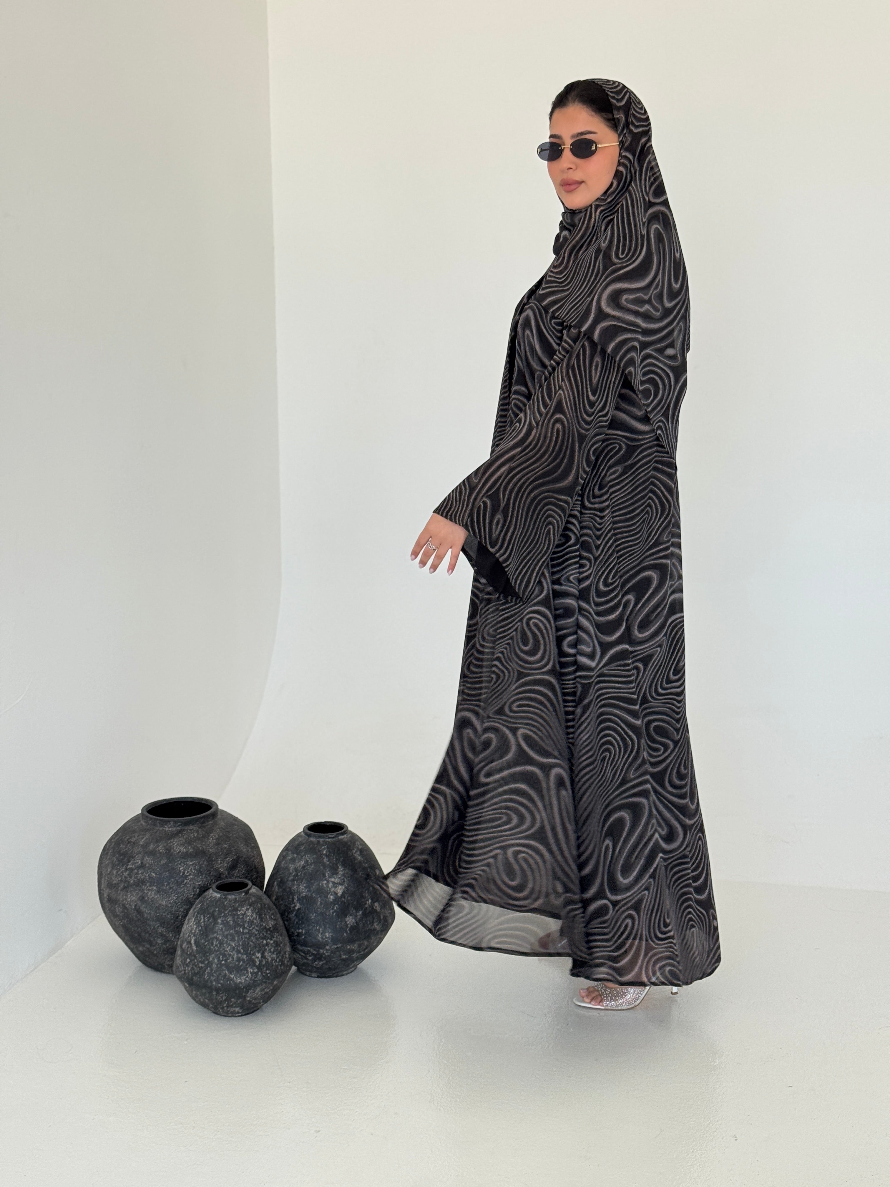 FAB221- Black Swirl with Gold Shimmer Chiffon Abaya Set