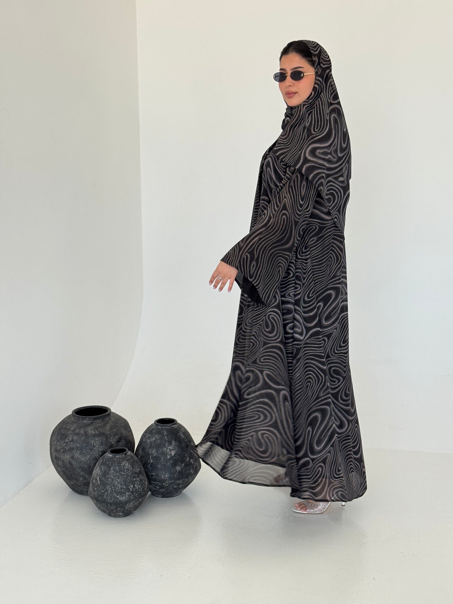 FAB221- Black Swirl with Gold Shimmer Chiffon Abaya Set