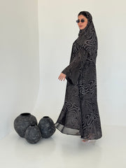 FAB221- Black Swirl with Gold Shimmer Chiffon Abaya Set