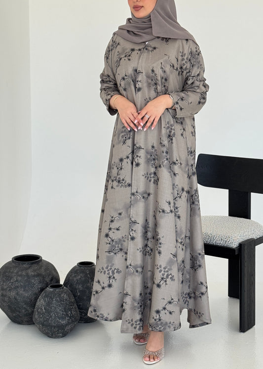 FAB225- Brown Grey Printed Floral A-Cut Abaya
