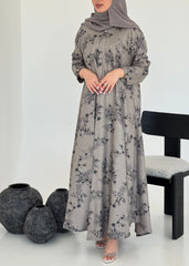 FAB225- Brown Grey Printed Floral A-Cut Abaya