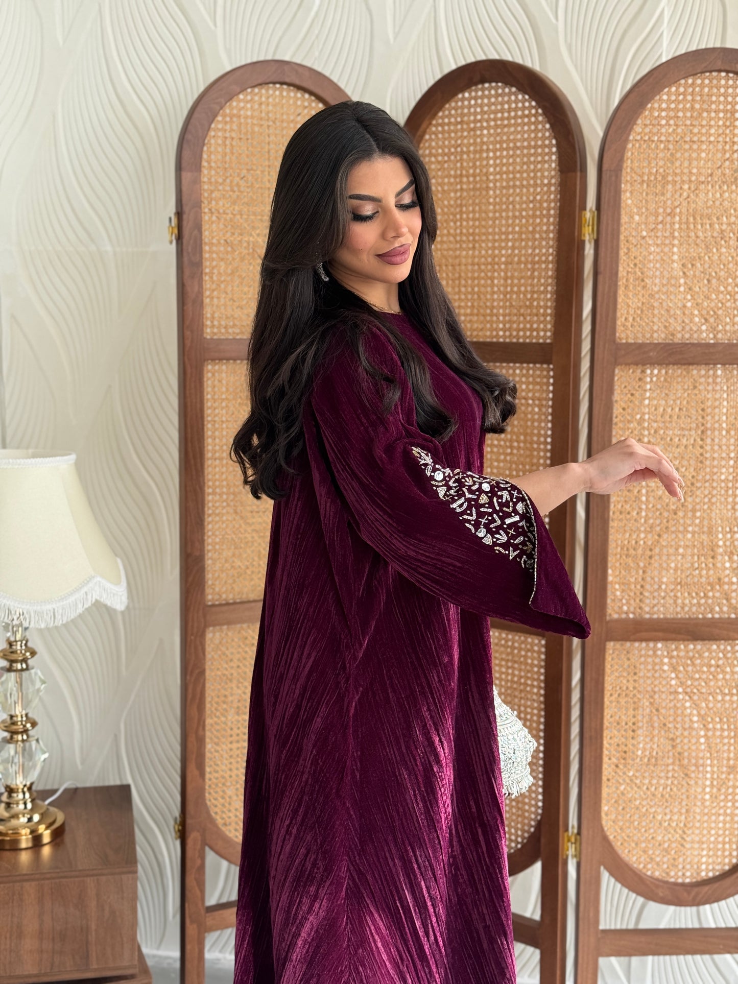 FAB249-Maroon Velvet Crystals Embroidered A-Cut Jalabiya