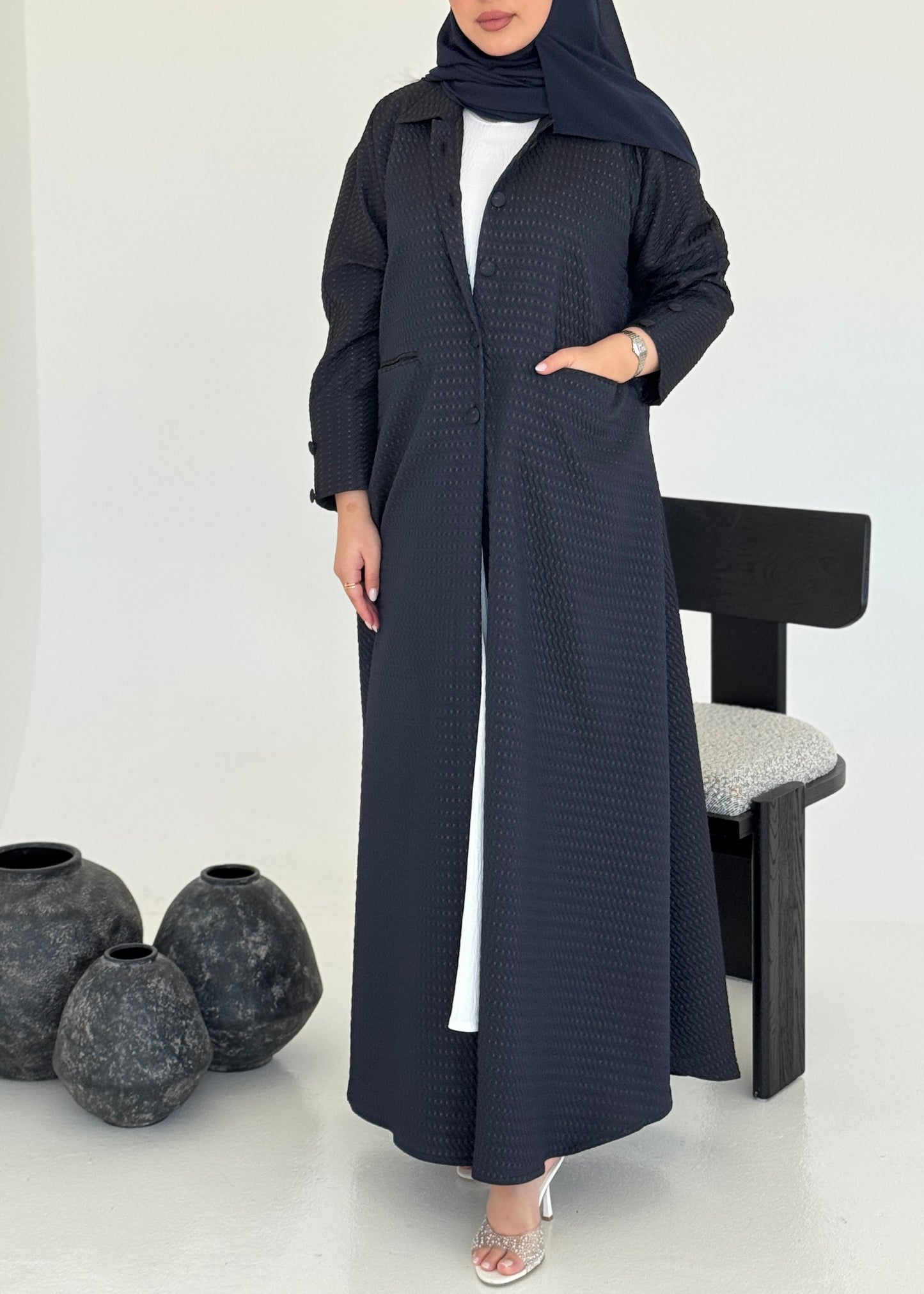 FAB228-Navy Blue Textured Classic Jacquard Abaya with headscarf