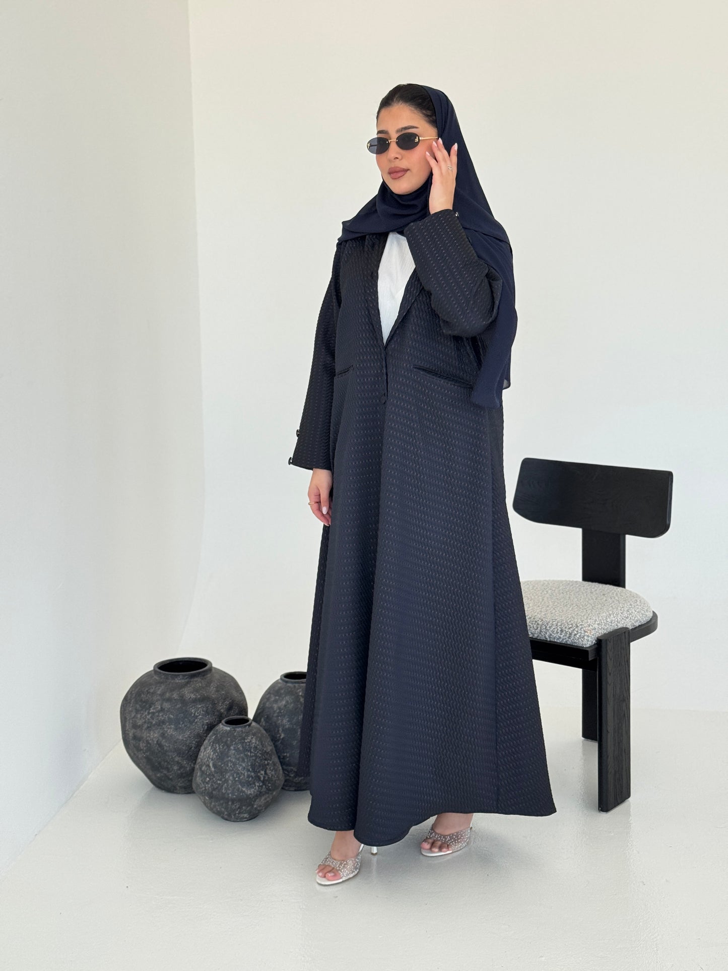 FAB228-Navy Blue Textured Classic Jacquard Abaya with headscarf