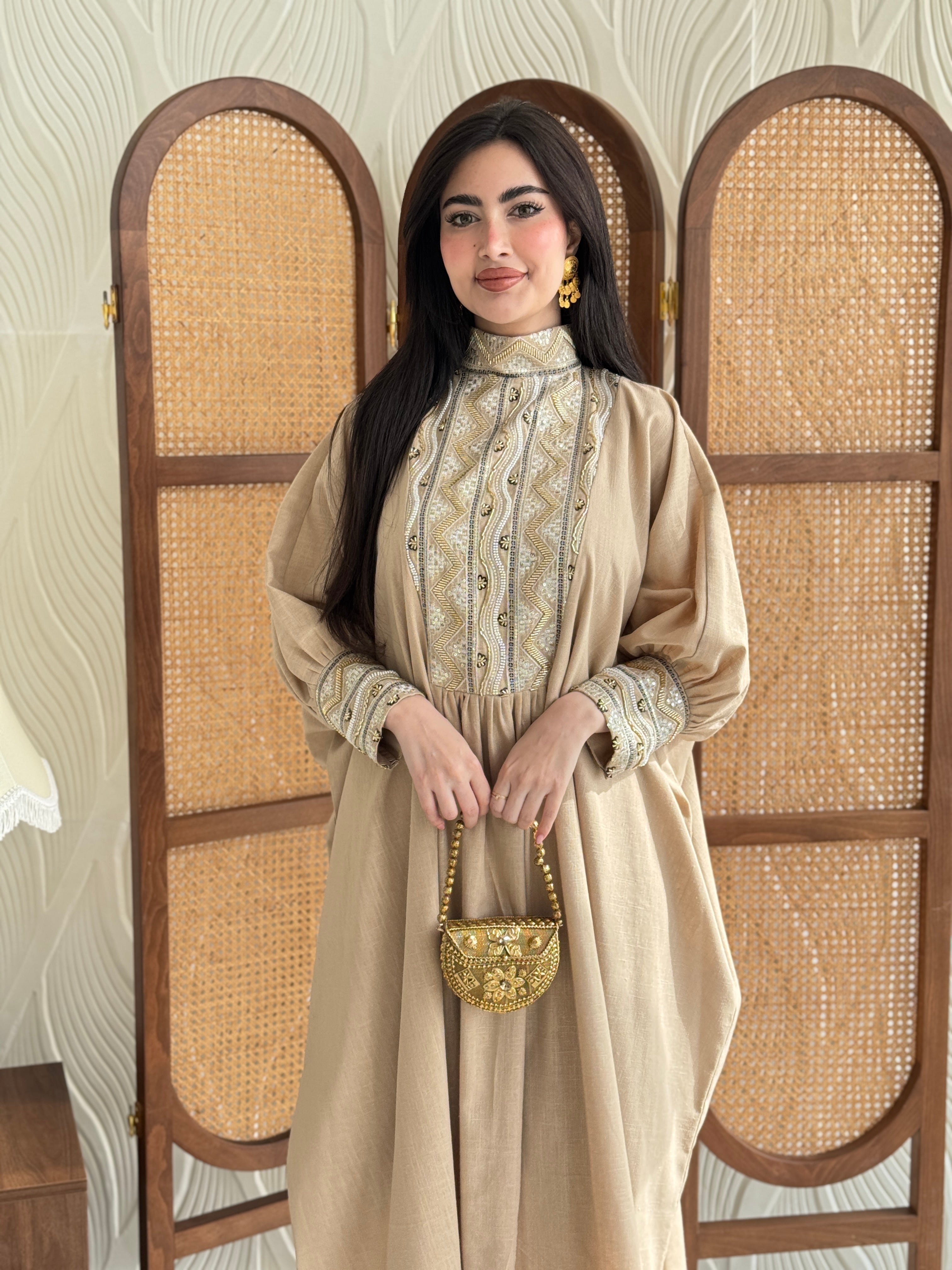 FAB282-Luxurious Beige pure linen high neck jalabiya with full beaded gold embroidery