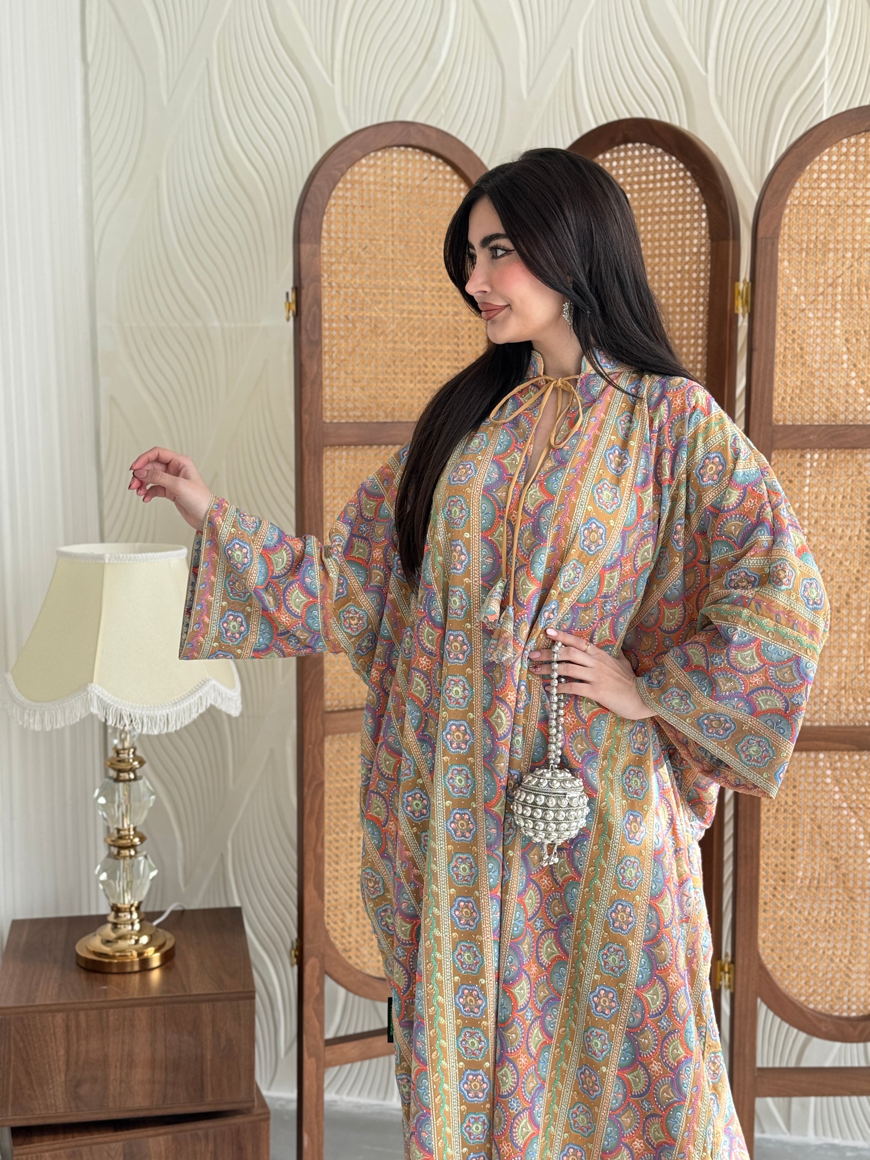 FAB277-Yellow Beige free size colorful crystals chiffon jalabiya and tie-neck detail