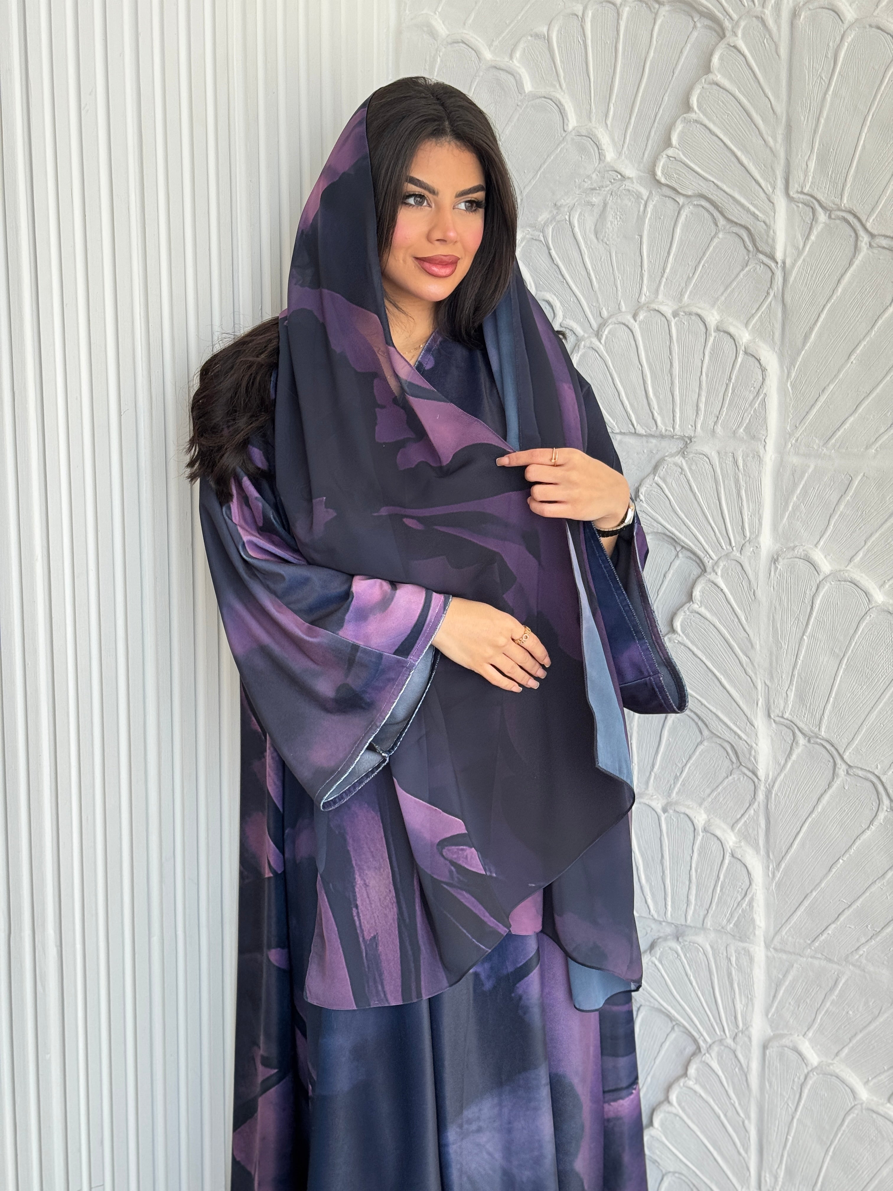 FAB243-Purple Patterned Printed Velvet A-Cut Abaya Set