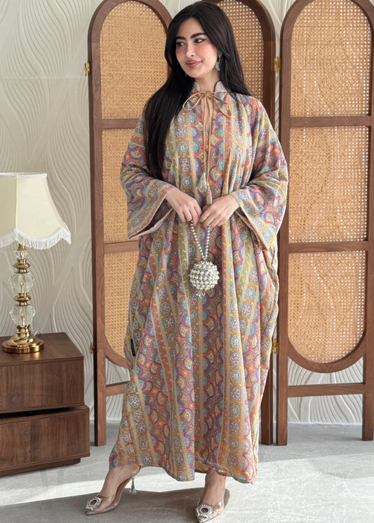 FAB277-Yellow Beige free size colorful crystals chiffon jalabiya and tie-neck detail