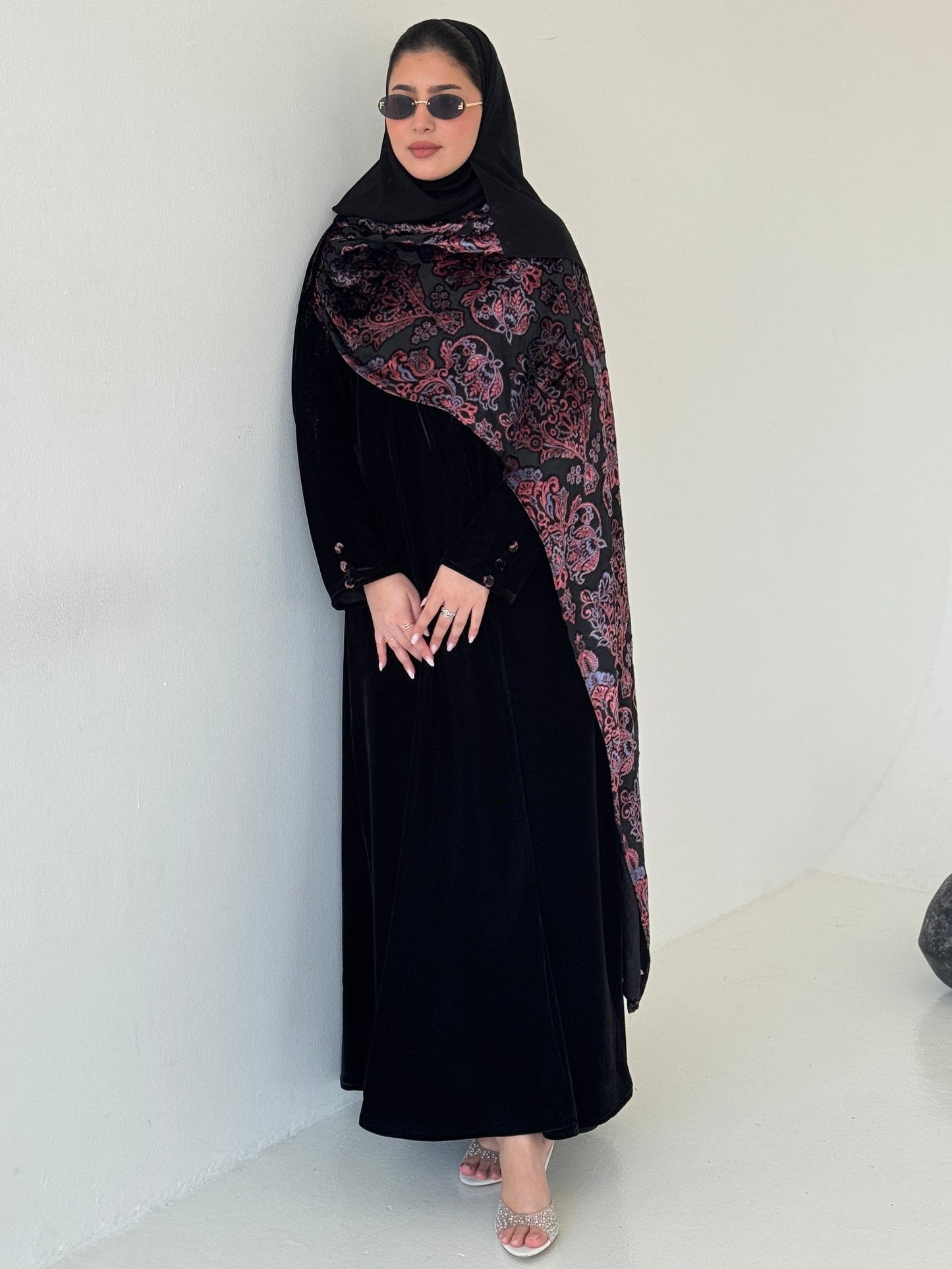 FAB229- Black Velvet Abaya with Maroon Velvet Chiffon Shawl with matching headscarf