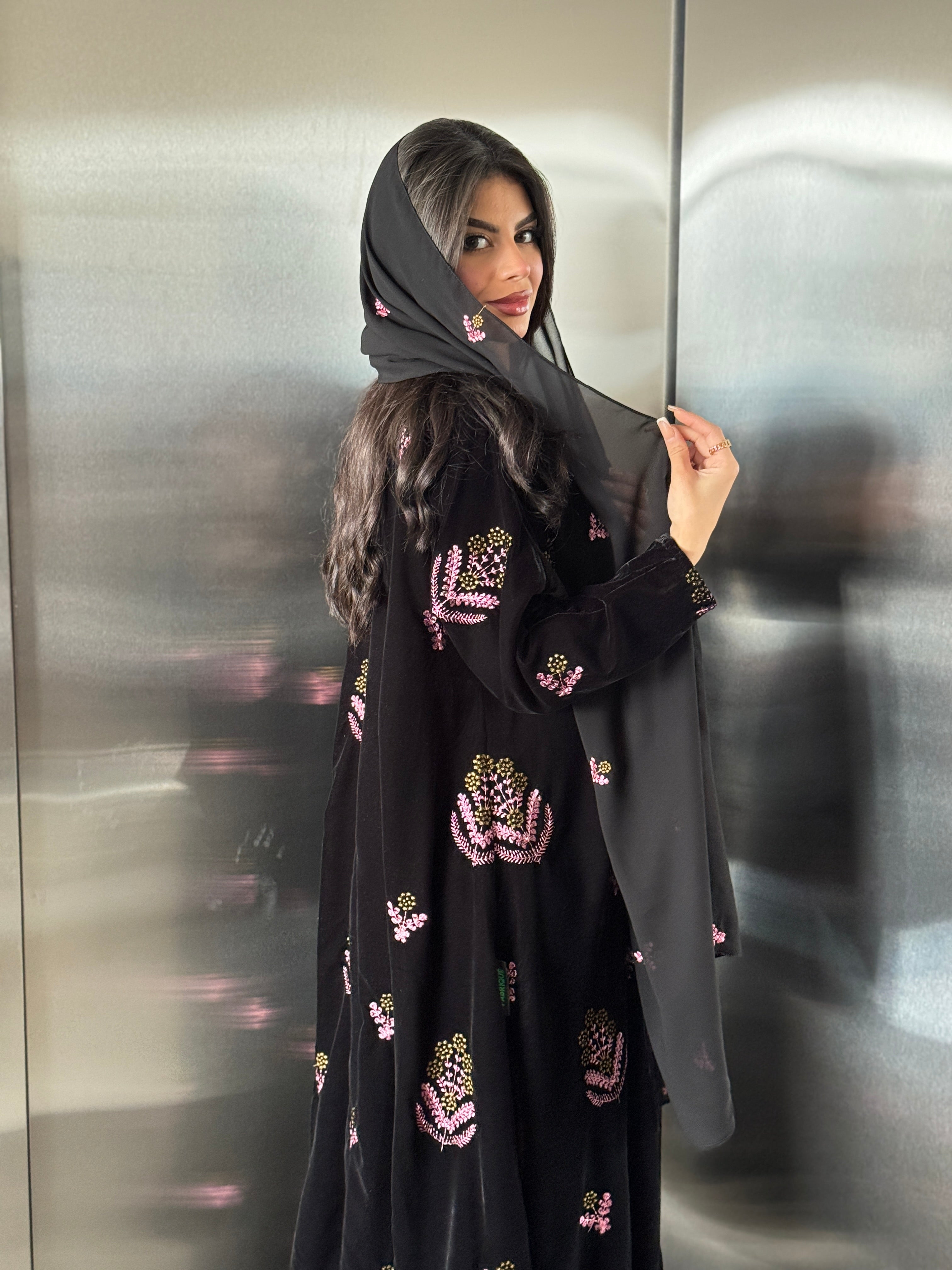 FAB248- Black Velvet with Pink Embroidery A-Cut Abaya Set