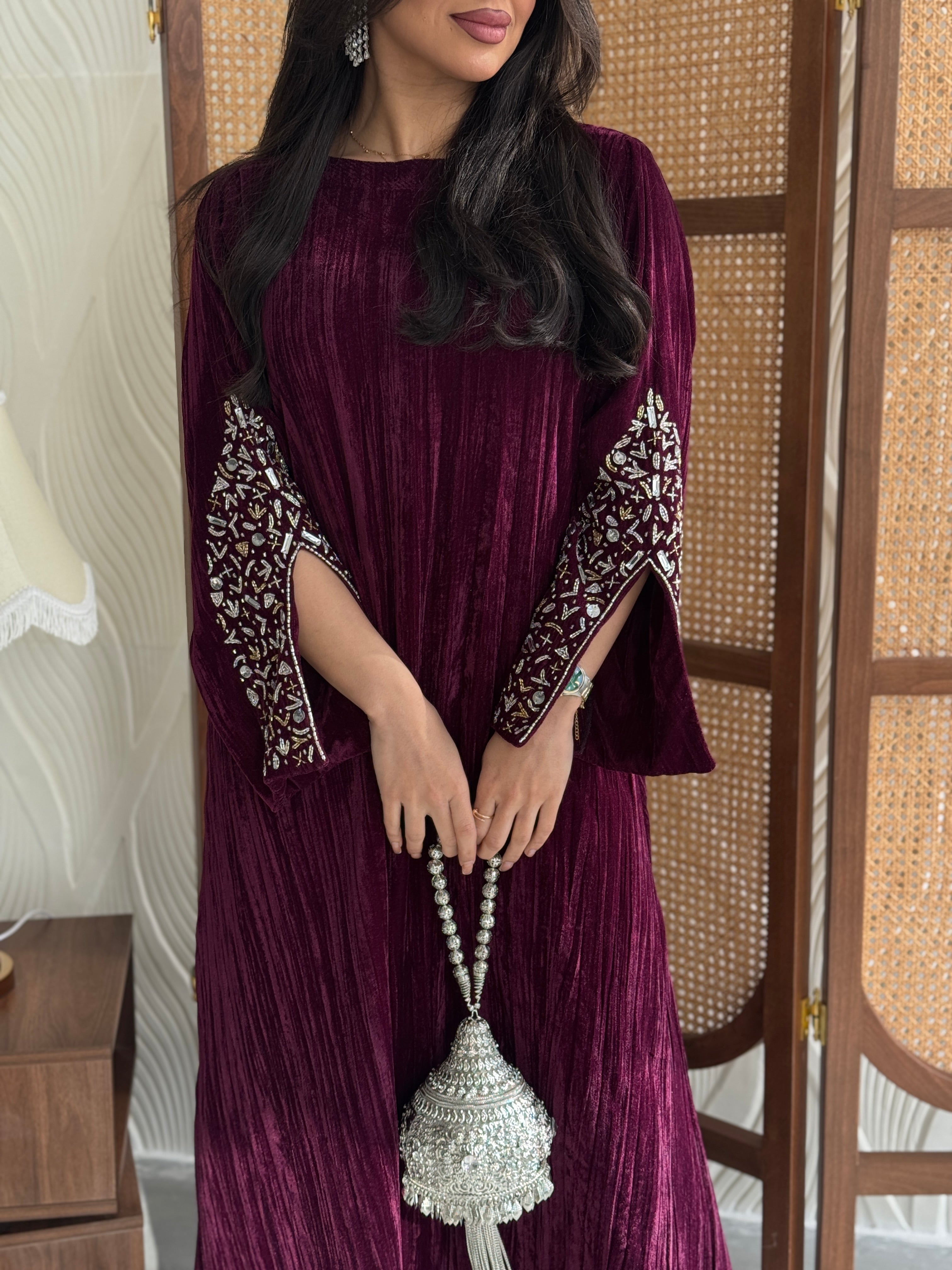 FAB249-Maroon Velvet Crystals Embroidered A-Cut Jalabiya