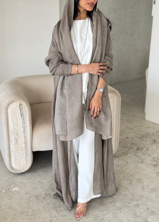 FAB168- Beige Linen Glitter A-Cut Abaya