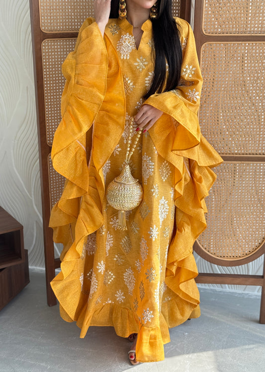 FAB274-Mustard Yellow Linen Embroidered Butterfly-Cut Jalabiya with Ruffled Sleeves