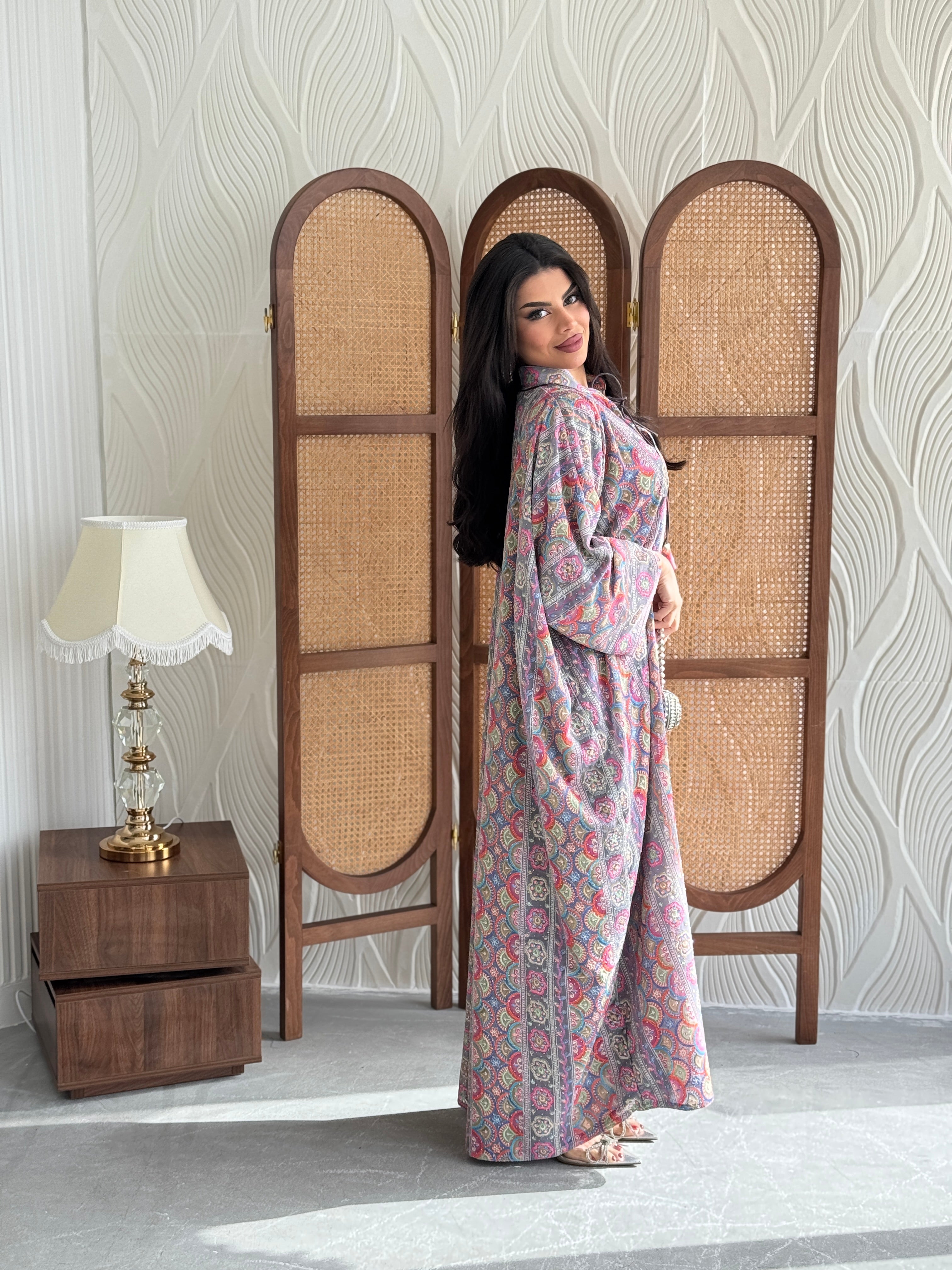 FAB280-Greyish Pink free size colorful crystals chiffon jalabiya and tie-neck detail