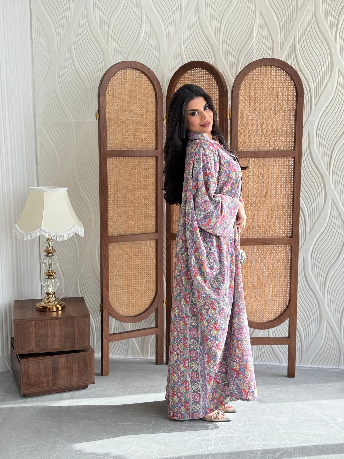 FAB280-Greyish Pink free size colorful crystals chiffon jalabiya and tie-neck detail