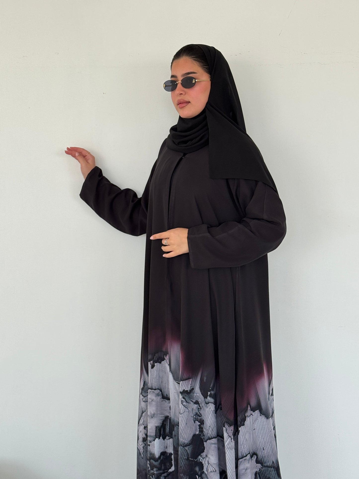 FAB209- Grey Ombre Waves print Shiffon A-cut Abaya with headscarf