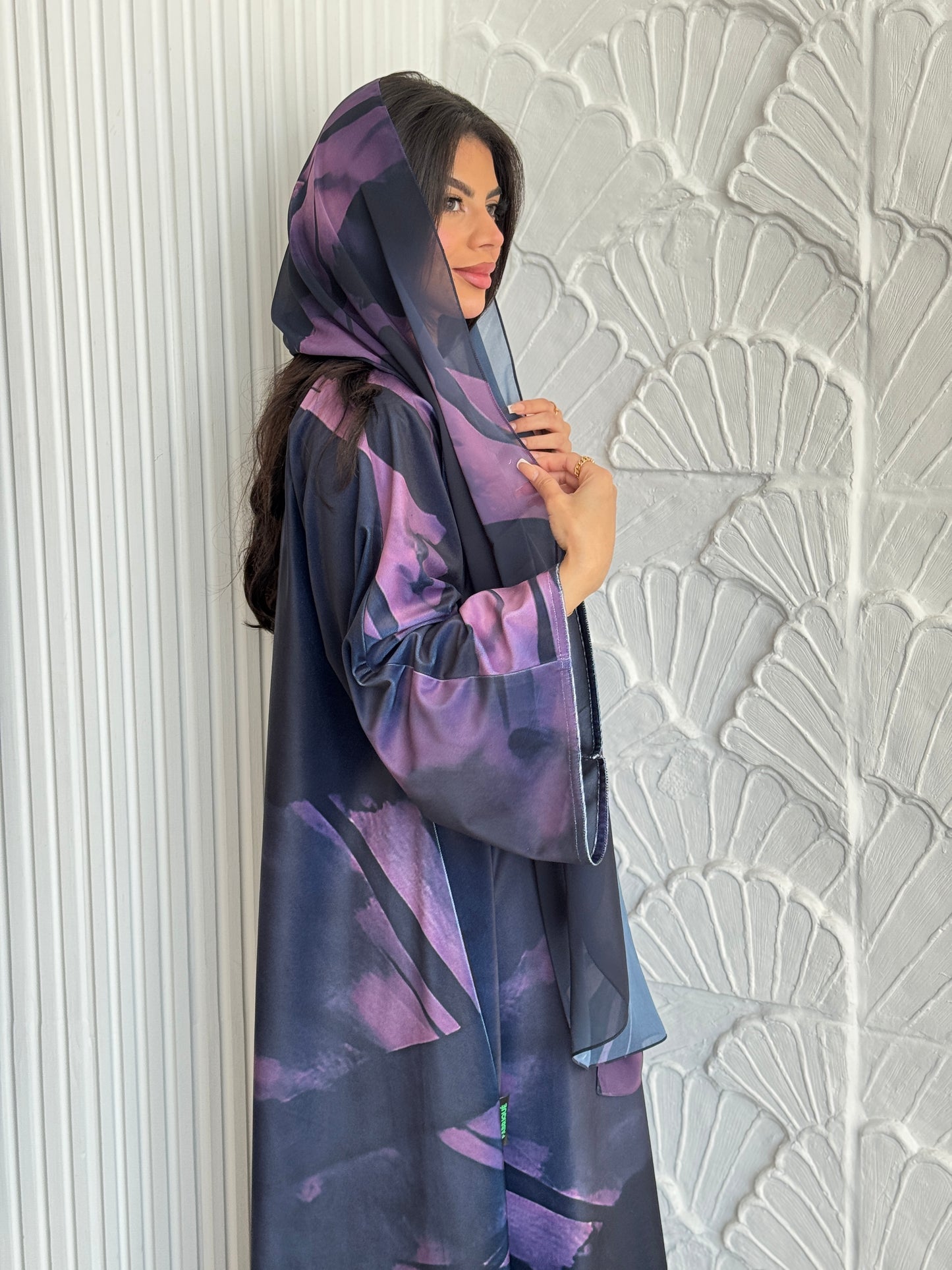 FAB243-Purple Patterned Printed Velvet A-Cut Abaya Set