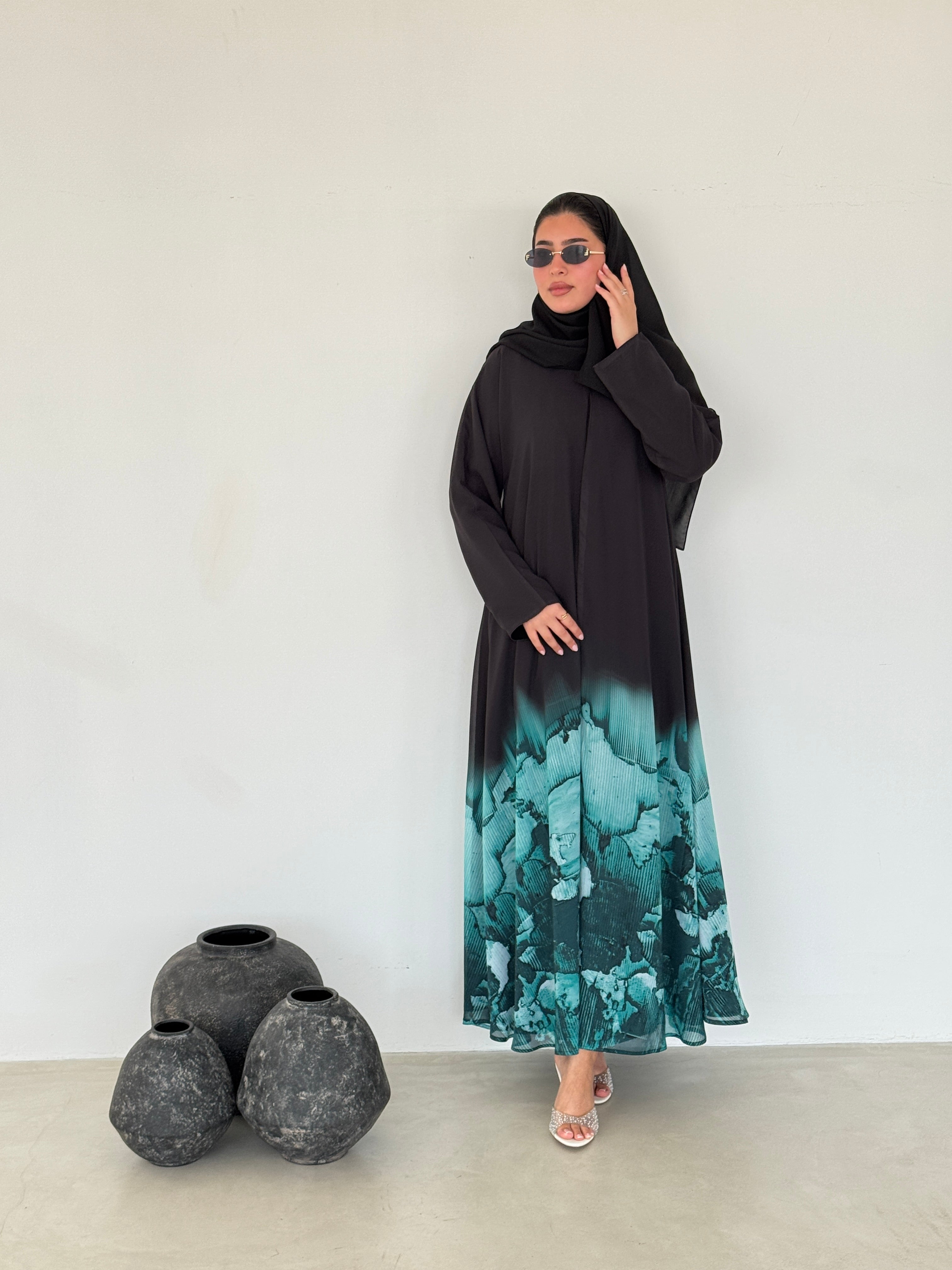 FAB210- Turquoise Ombre Waves print Shiffon A-cut Abaya with headscarf