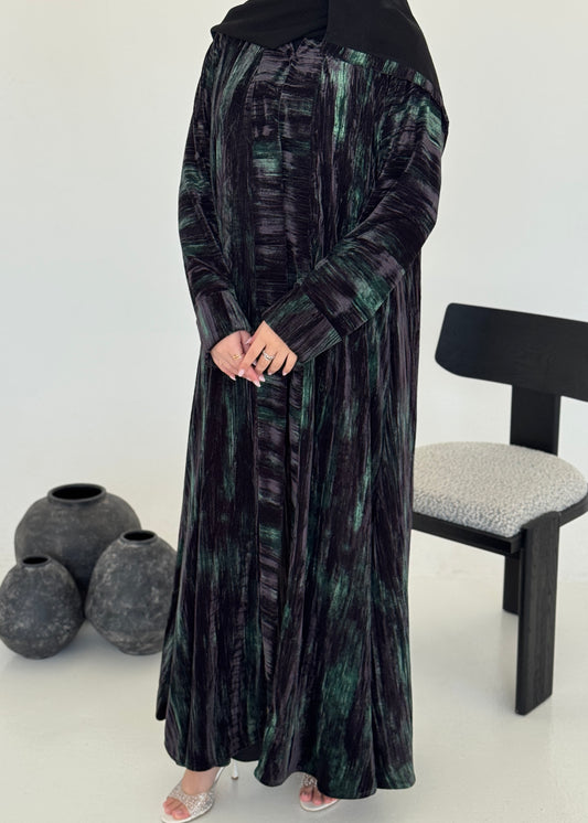 FAB236- Black & Green Marble Velvet A-Cut Abaya