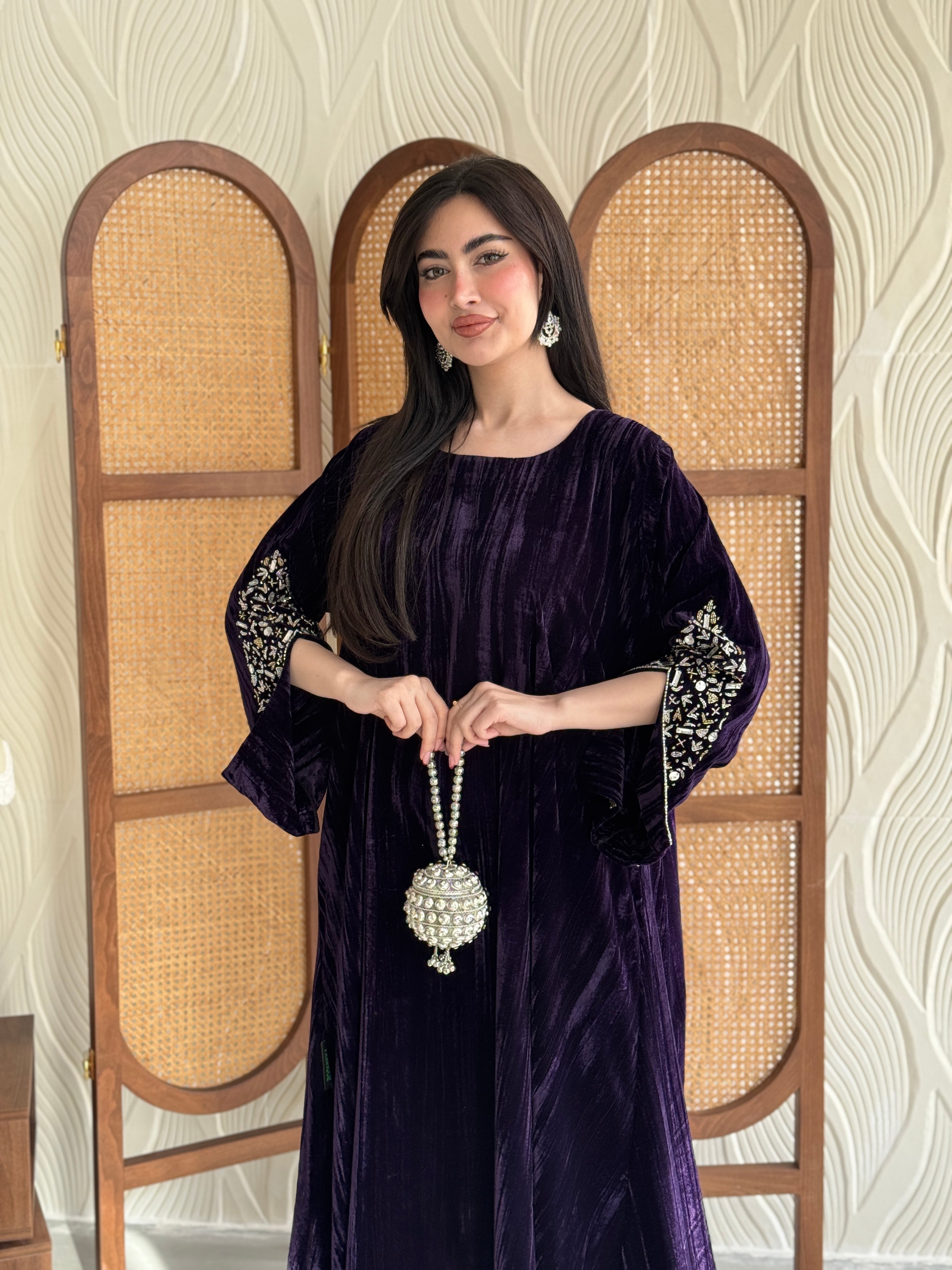 FAB250-Purple Velvet Crystals Embroidered A-Cut Jalabiya