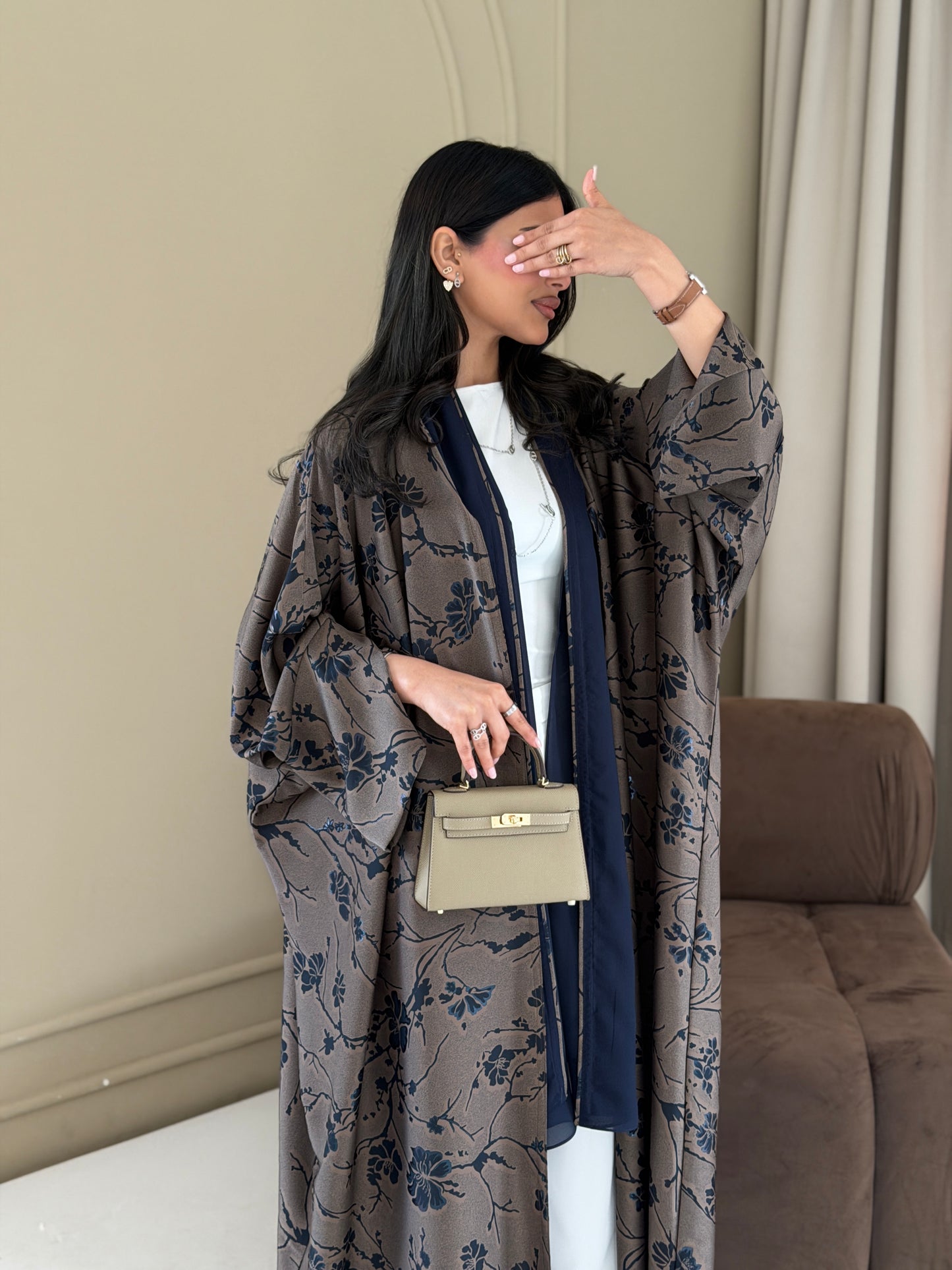 FAB283-Brown Floral Print Half Bisbt Abaya with pipping headscarf