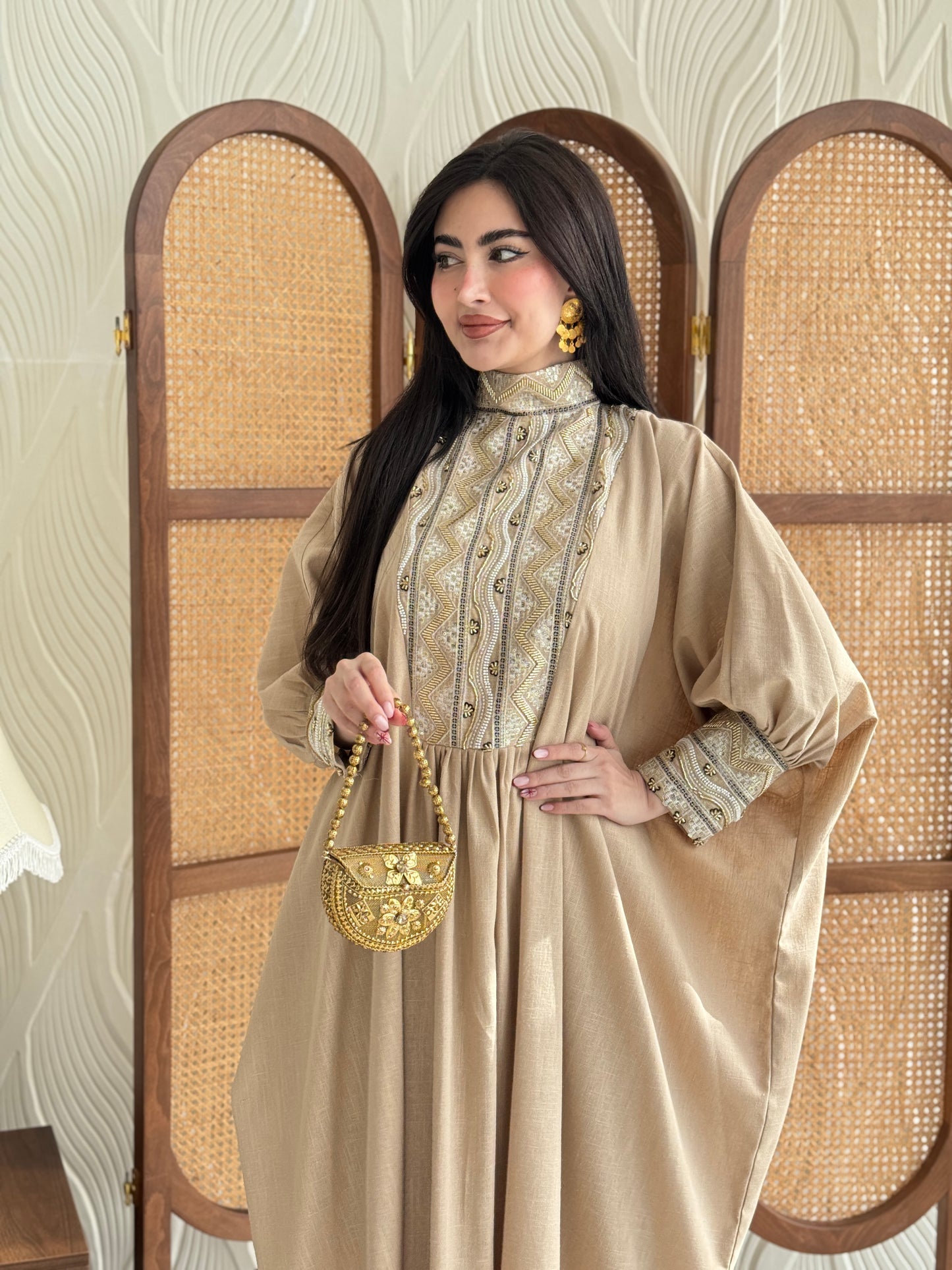 FAB282-Luxurious Beige pure linen high neck jalabiya with full beaded gold embroidery