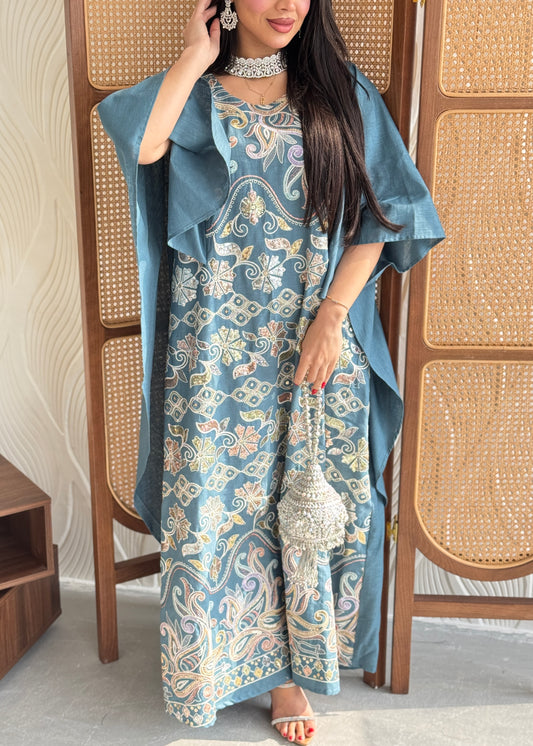 FAB267- Teal Blue Elegant linen jalabiya with multicolor embroidery and a flowing cape cut
