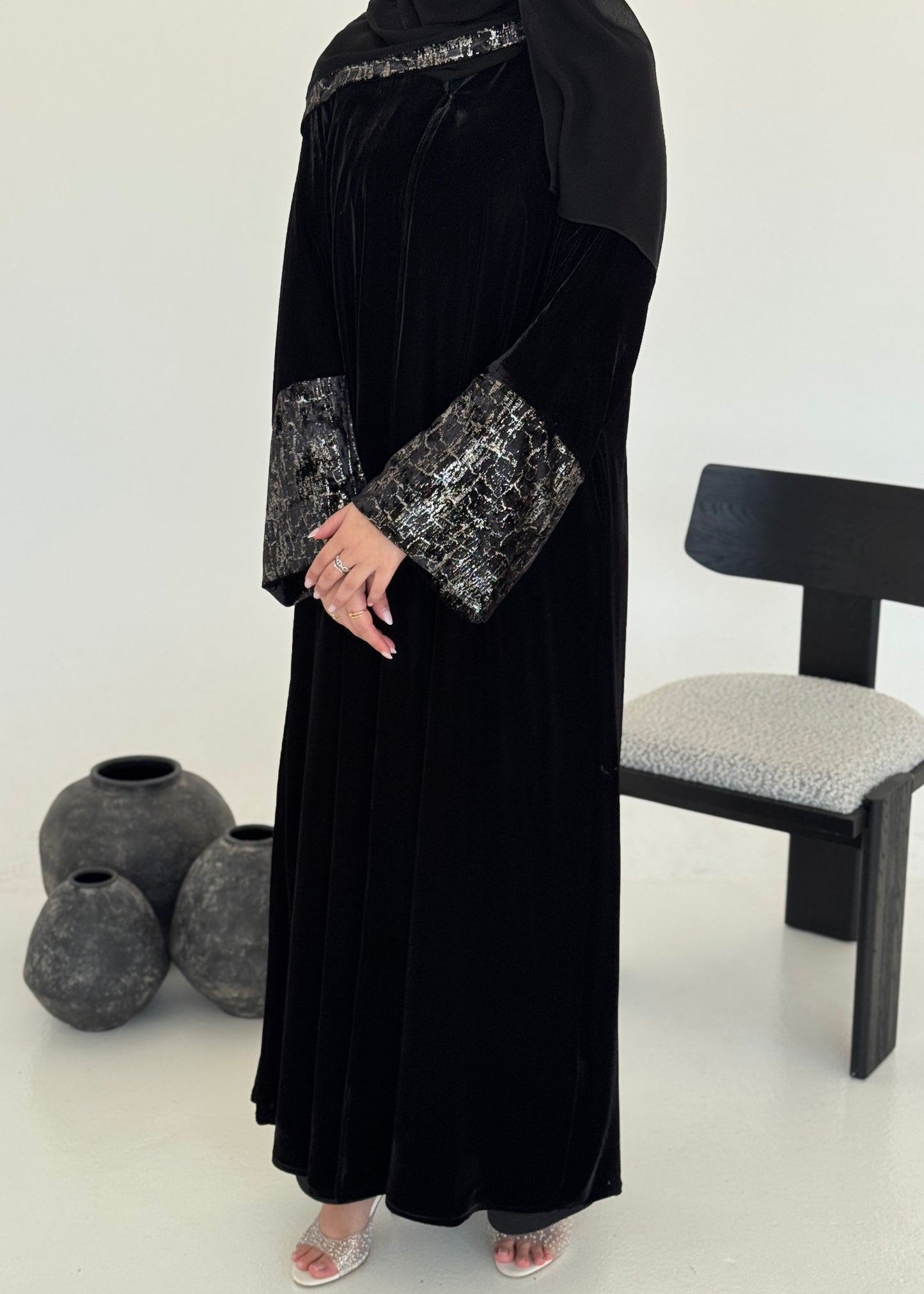 FAB244-Silver Metallic Black Velvet Abaya with Metallic pipping headscarf
