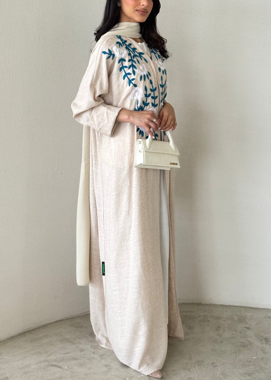 READY TO SHIP- FAB190- Beige Summer Linen - Half-bisht cut Abaya