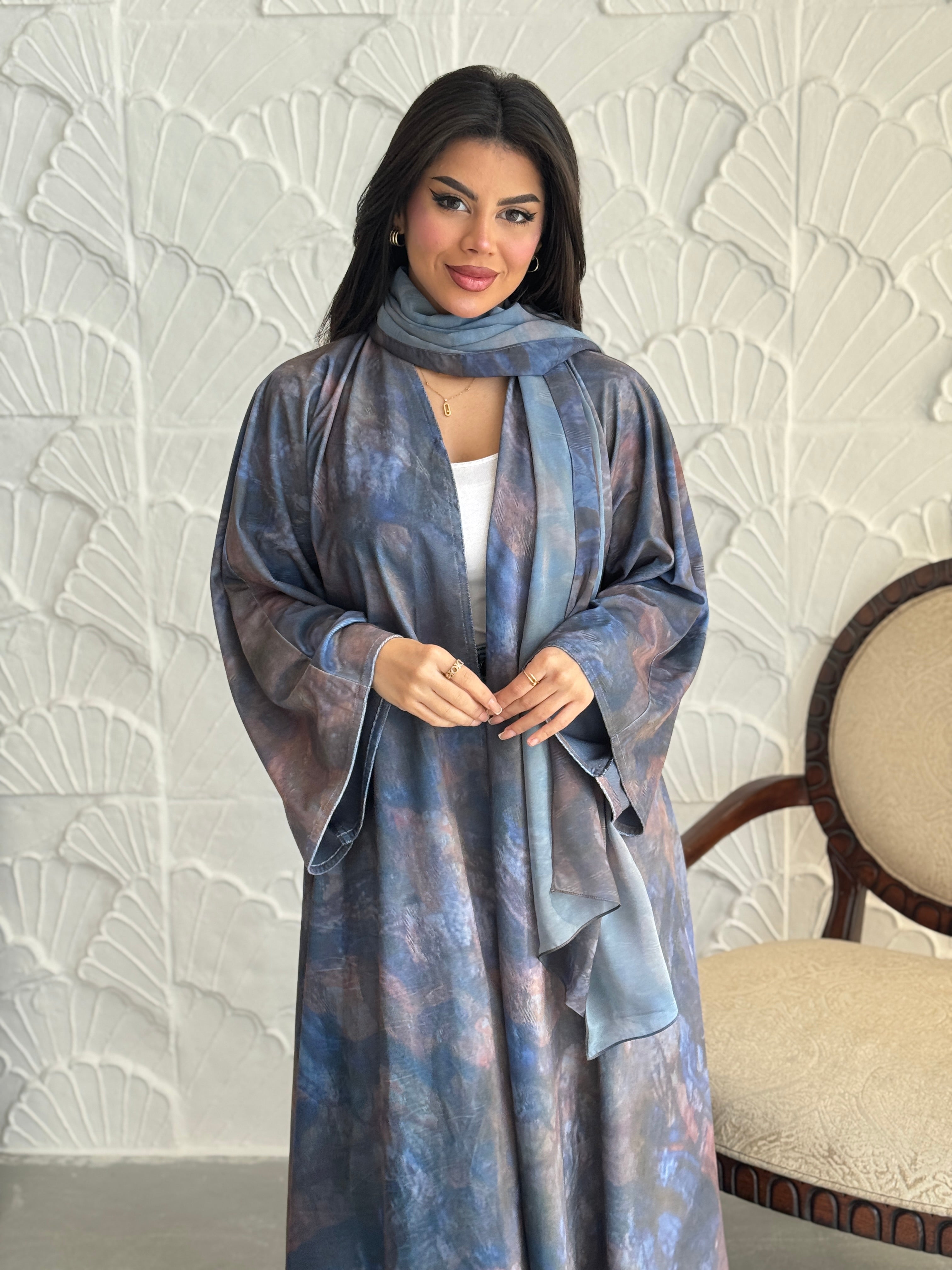 FAB240-Grey Patterned Printed Velvet A-Cut Abaya Set